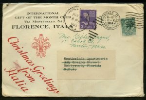 Italy 1953  Cover Florence to Hollywood FLA./additional postage to Newton Mass.