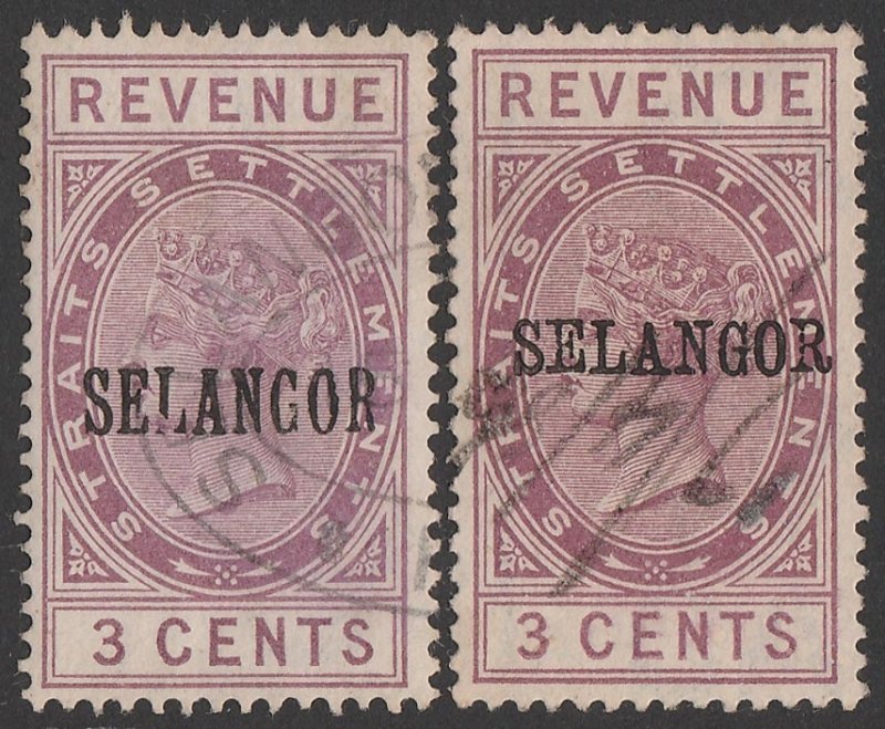 MALAYA - Selangor ca1885 + ca1886 'SELANGOR' on QV Revenue 3c purple, seriffed. 