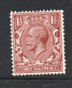 Great Britain Sc 161 1912 1 1/2d red brown George V stamp mint