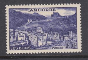 Andorra, French, Scott 142 MLH. 1955 75fr violet blue Les Bons, top value to set