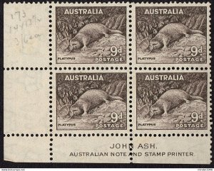 AUSTRALIA 1938 KGVI 9d x 4 Block, Chocolate SG173 MNH with Bottom & Side Gutter