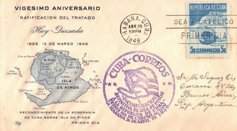 Cuba 1949 Anniversary Return of Isle of Pines to Cuba FDC First Day Cover
