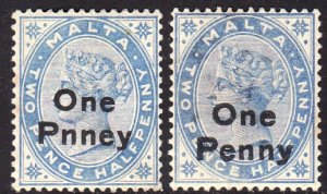 1899 Malta QV Queen Victoria 2½p overprint error Pnney MLH Sc# 20a CV $35.00