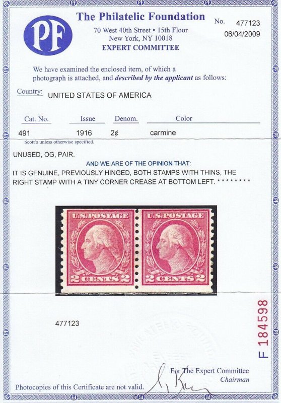 491 Pair Rare F-VF OG PSE cert , lightly hinged nice color cv $ 6500 ! see pic !