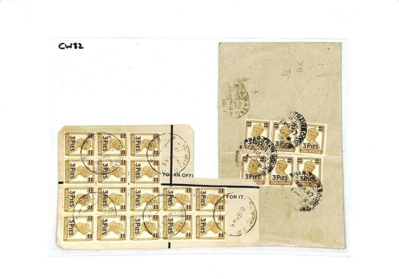 INDIA Cover & Piece *Travancore* Bombay Overprints Block 1947 {samwells} CW82