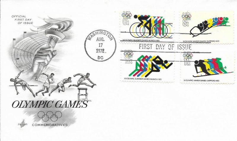 1972 FDC, #1462a, 8c Olympic Games, Art Craft, block of 4