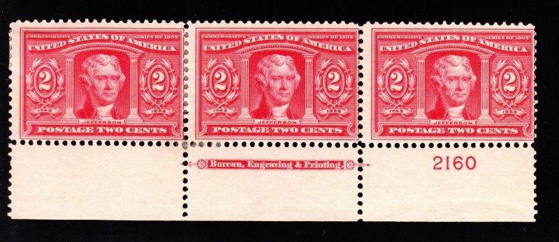 US 324 2c Louisiana Purchase Mint Bot Plt Strip of 3#2160 Fine OG H/H/NH SCV$140