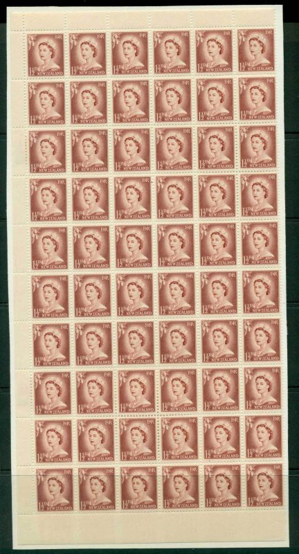 New Zealand 1956 QEII Redrawn 1½d Lake Brown Plate 10 Part Sheet 60 before R...