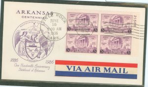 US 782 1936 3c Arkansas Centennial (block of 4 with plate #) on an unaddressed FDC with a Grimsland Cachet