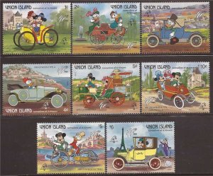 St Vincent Union Island - Disney French Vehicles - 8 Stamp Set 19J-018