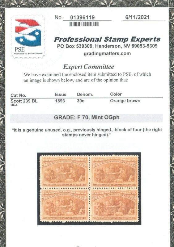 USA #239 Very Fine Never Hinged Block **With Certificate**