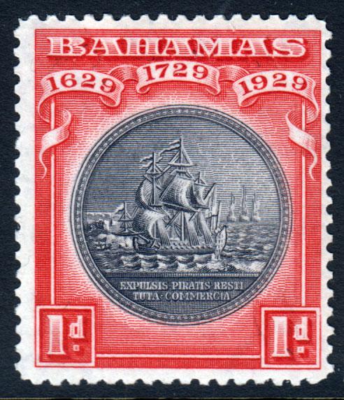 Bahamas KGV 1930 Tercentenary 1d Black Scarlet SG126 Mint Lightly Hinged