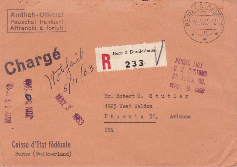 Switzerland 1963 Official Government Registered Cover to U.S. Official Wax Seals