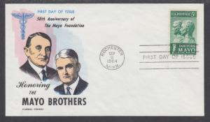 US Mel 1251-13 FDC. 1964 5c Doctors Mayo, Fluegel Color Cachet, VF