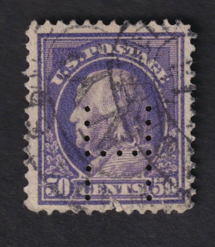  US 1917 50c Ben Franklin Postage Stamp Perf 11 Perfins H