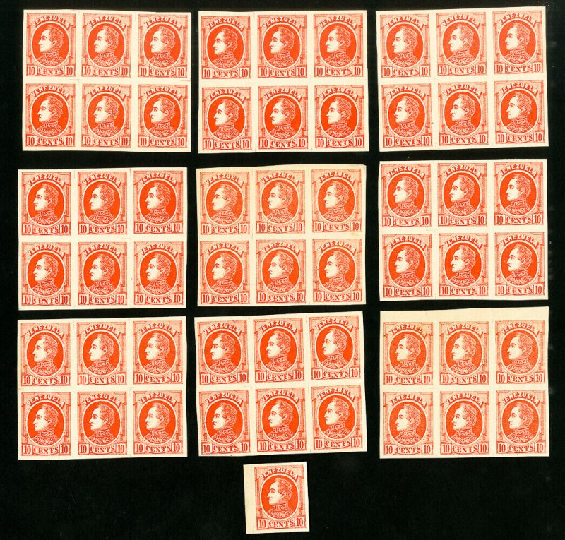 Venezuela 10¢ Stamp Lot of 55 Orange Proofs in Large Blocks