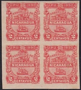 NICARAGUA 1890 2c block of 4 unused IMPERF.................................A5142