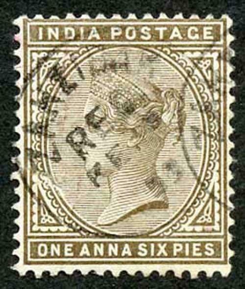 Zanzibar SGZ84 1882-90 India 1a 6p Sepia with CDS (type Z6) Used