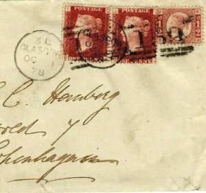 GB Scotland Cover Glasgow*159* Duplex Denmark Copenhagen 1d Red{2} ½d 1878 MZ604