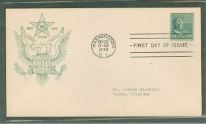 US 818 1938 13c Millard Fillmore (part of the presidential/prexy series) single on an addressed (typed) first day cover with a F