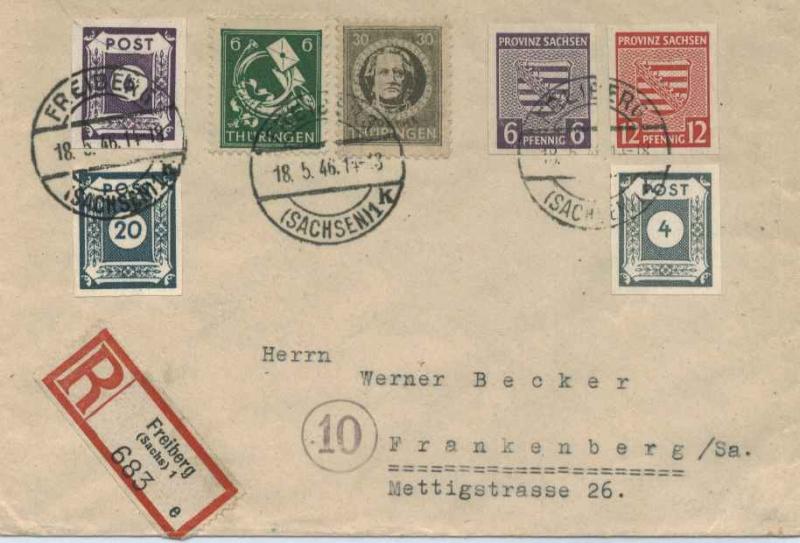 Germany Thuringia 30pf Schiller and 6pf Post Horn with Saxony Province 6pf an...