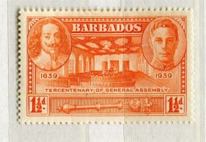 BARBADOS; 1939 early GVI Anniversary issue Mint hinged 1.5d. value