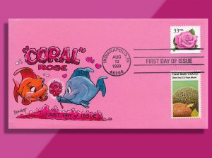 Love Under the Sea -- Handcolored Coral Pink Rose Combo FDC