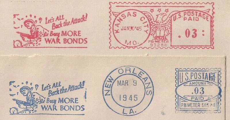 TWO METER STAMPS with identical WWII SLOGAN, full covers, diff colors WAR BONDS!