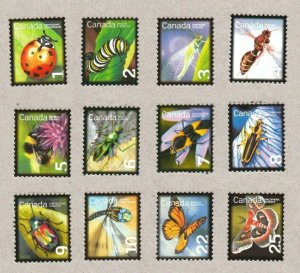 qlp. BUTTERFLY, BUG, INSECTS = Full set 12 small standard stamps Canada 2007-14