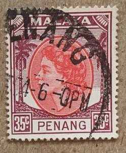 Malaya Penang 1954 35c QEII, used. Scott 40, CV $0.95. SG 39