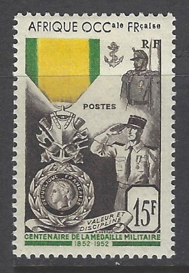 French West Africa, Scott #57; 15fr Military Medal Issue, MH