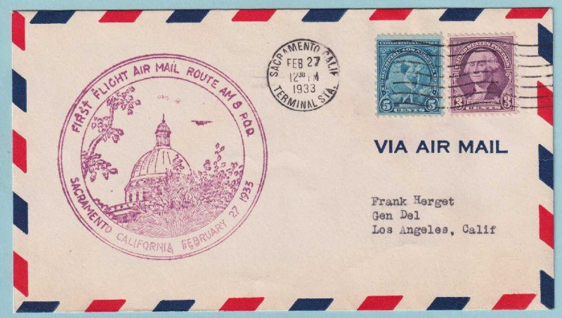 UNITED STATES FIRST FLIGHT COVER - 1933 SACRAMENTO CALF TO L.A. - CV316