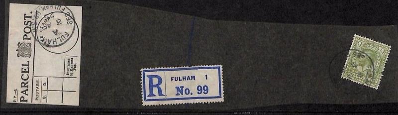 KK279 GB PARCEL POST LABEL 1925 *666 Fulham Rd* London Piece {samwells-covers}
