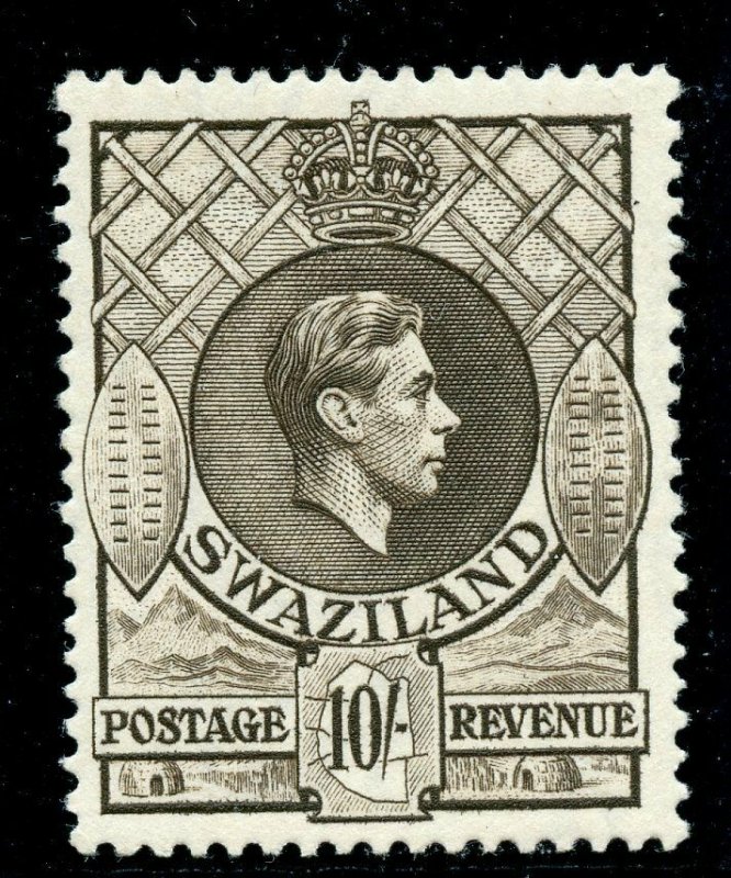 Swaziland 1938 KGVI 10s sepia (p13½x13) superb MNH. SG 38.