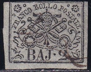 Italy Roman States 1852 Sc 3 SCV 65.00 Stamp Used H NG