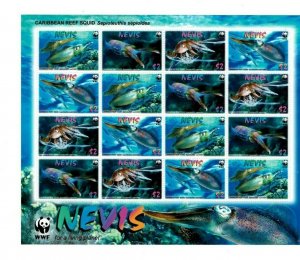 Nevis 2009 - WWF Caribbean Reef Squid - Sheet of 16 Stamps - Scott #1574 - MNH