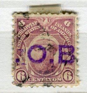 PHILIPPINES; 1920s-30s early OFFICIAL ' OB ' Optd. issue fine used 6c. value