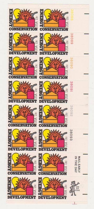 Scott 1723-1724 13¢  Energy Conservation & Development Plate Block of 16