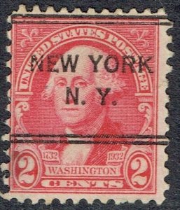1932 2c Washington BICENT DLE Precancel f/NEW YORK NY (707-243) READS: NORMAL!
