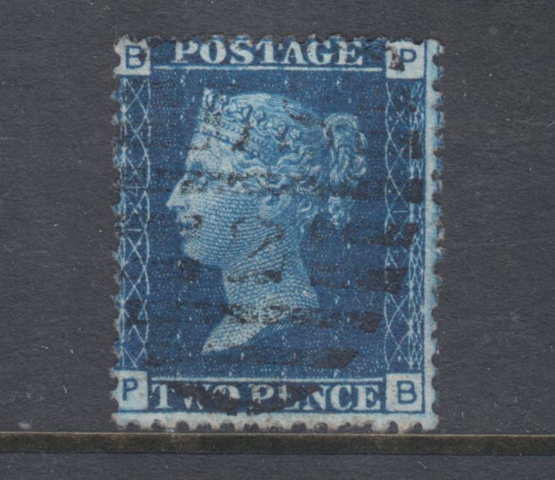 Great Britain Sc 30 used. 1869 2p blue Queen Victoria, Plate 14, letters E-H