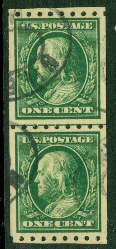 EDW1949SELL : USA 1910 Scott #390 Coil Line pair. Very Fine, Used. Catalog $125.