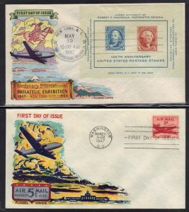 US 1946-47 FOUR FDCS W/FLUEGEL CACHETS ARMED SERVICES EXHIB. SHEET A 2 AIR MAILS