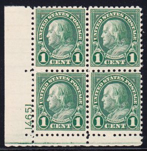 US #581 F-VF NH Plate block of 4. 5 gum breaker ridges.