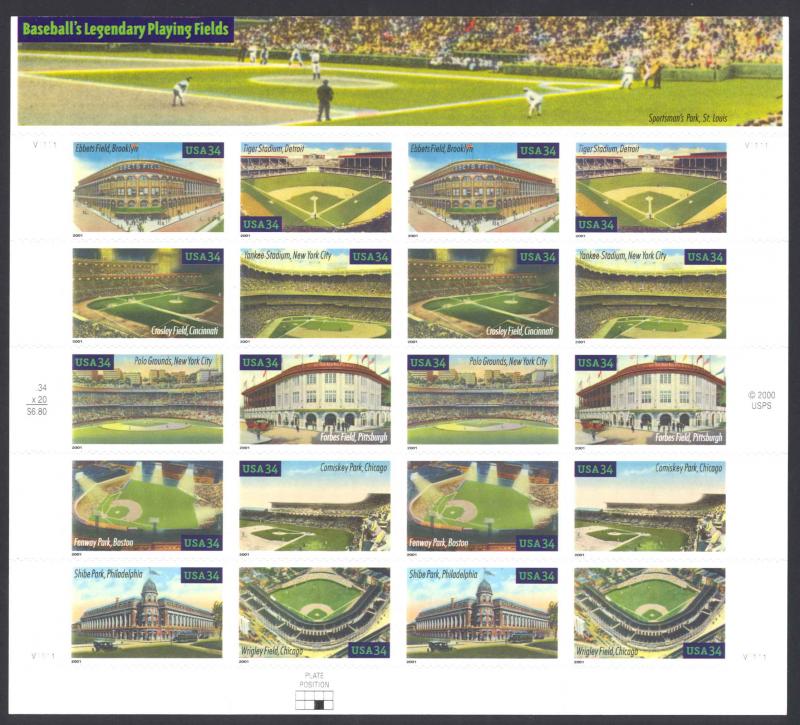 Scott 3510-19 or 3519a, 34c Legendary Playing Fields, MNH sheet of 20