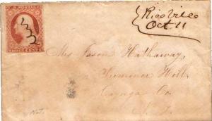 United States Jersey Riceville c1855 ms  1849-1866  3c Washington 1851 Issue ...