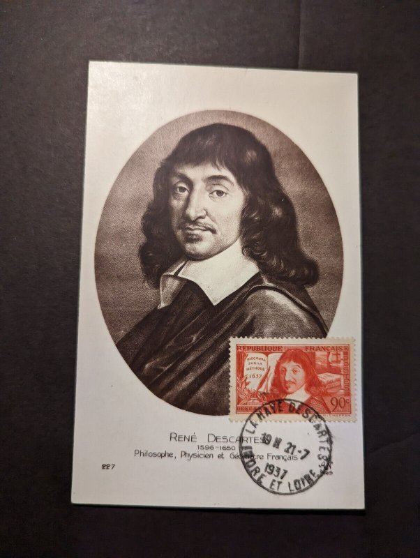 1937 France Maxi Postcard Cover Rene Descartes Philosopher Physician Portrait