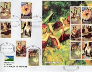 Djibouti 2004 Edgar Degas Famous Paintings Set(6) + Sheetlet Perforated FDC