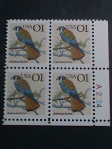 ​UNITED STATES-19905-SC#2476 AMERICAN KESTREL BIRD MNH PLATE BLOCK OF 4 VF