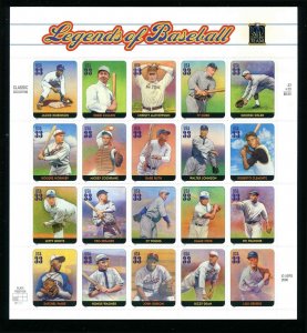 Legends of Baseball Sc 3408 33¢ Sheet of 20  Jackie Robinson Ty Cobb Babe Ruth