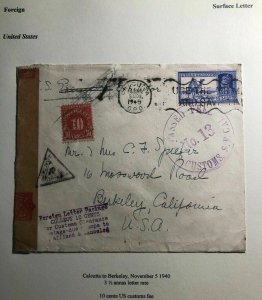1940 Calcutta India  Censored Cover To Berkeley Ca USA Postage Due